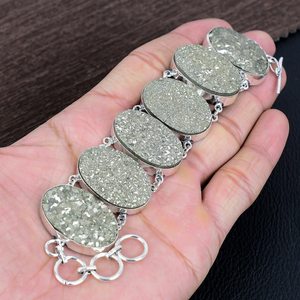 Golden Pyrite Druzy Bracelet 925 Sterling Silver Boho Handmade Gemstone Jewelry Statement Gift For Women - Product Image 6