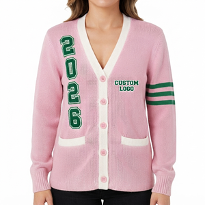 2026 <b>Custom</b> University Sorority Pink Cardigan Acrylic Knit Women's Sweater V Neck Fraternity Greek Chenille Logo Striped Varsity - Product Image 3
