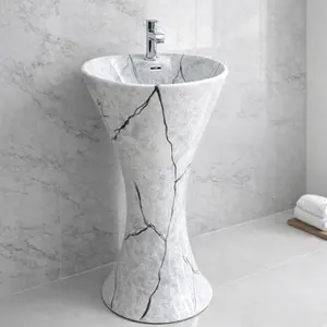Lavabo de Pedestal de Mármol Facetado, Lavabo de Piedra Sobre Encimera con Diseño Vertical Moderno, Incluye Desagüe para Uso en Almacenes - Product Image 3