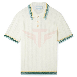 Polo de Punto Crema para Hombre, Manga Corta, Botones, Cuello con Ribete en Contraste, Estilo Preppy - Product Image 1