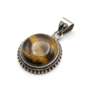 Pendentif vintage en pierre naturelle œil de tigre dans un monture en argent sterling 925 antique – Bijou rond en pierre précieuse fait main pour la vente en gros - Product Image 3