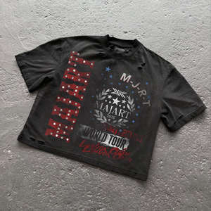 Camiseta Oversize Gráfica Boxy de Algodón Pesado con Pedrería, Estilo Streetwear Personalizado, Lavado Ácido de Alta Calidad, Vintage - Product Image 5