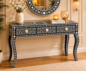 Table console de luxe en os incrusté avec cadre de miroir et 3 tiroirs, meuble d'entrée tendance pour la décoration du couloir - Product Image 3
