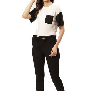 Women's Eco-Friendly Crew Neck T-Shirt Short Sleeve Loose Fit <b>Patchwork</b> Casual <b>Top</b> White Black Knitted Cotton 2026 - Product Image 6