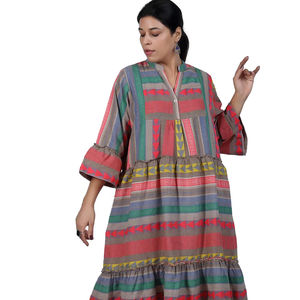 Robe longue en coton jacquard pour femmes, style bohème, manches cloche, col en V - Product Image 1