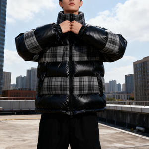 Fabricant de vestes d'hiver matelassées personnalisées, noir brillant et gris à carreaux, vêtements d'extérieur chauds pour hommes, fermeture éclair intégrale, col montant, manteau rembourré en duvet - Product Image 2