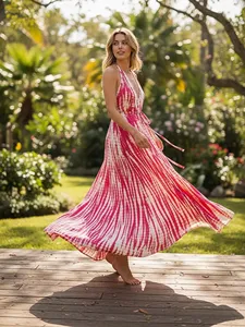 Vestido Largo Informal de Playa para Mujer, Estilo Bohemio, de Rayón, con Cuello en V, Estampado Tie Dye, Sin Mangas, para Vacaciones - Product Image 5