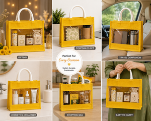 Sac fourre-tout en jute jaune AMANI avec fenêtre transparente, poignées blanches, taille moyenne, origine Bengale occidental, design durable pour offrir en cadeau - Product Image 6