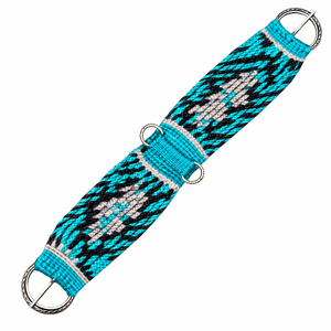 EQUIPO: Cinturón de cuero y lana personalizado para caballo, con diseño azul, negro y blanco estampado, anillas metálicas y ajustable. - Product Image 1