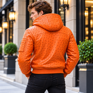 Premium Orange Ostrich <b>Leather</b> Hooded <b>Bomber</b> Jacket – <b>Men</b>’s Embossed <b>Leather</b> Fashion Biker Jacket with Zipper Pockets - Product Image 4