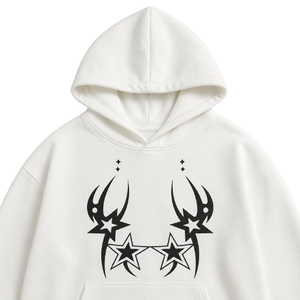Unisex <b>White</b> Hooded Tracksuit Set Full Sleeve Casual Autumn Wear With Star Print 100% Cotton Loose Fit Drawstring Closure - Product Image 4