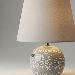 Luxury <b>Round</b> Bone Inlay <b>Table</b> Lamp with Beige Fabric Shade | Handcrafted Floral Inlay <b>Bedside</b> Lamp - Product Image 4