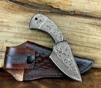 Couteau de chasse miniature fait main DIY, lame en acier Damas à pointe clip et bord droit de 3 mm, manche en cuir non réglable