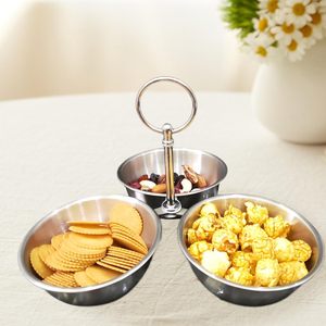 Stainless steel <b>3</b> bowl snack stand, metal serving stand with bowls, <b>3</b> tier snack serving set, steel bowl stand with handle, - Product Image 3