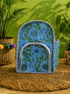 Sac à dos décontracté en coton matelassé brodé bleu, fermeture éclair, dos souple, grande capacité, léger, pour l'école et les voyages - Product Image 3