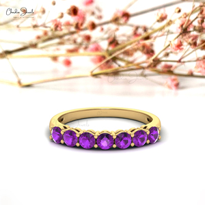 Productos de Moda: Anillo Apilable de Media Eternidad con Gema de Amatista de Corte Redondo de 3mm en Oro Amarillo Fino de 14k, Lotes al por Mayor - Product Image 6