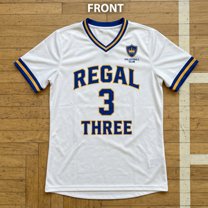 Maillot de volley-ball Regal blanc, bleu et or, col en V, manches courtes, sublimé, anti-humidité, avec rayures de football - Product Image 1