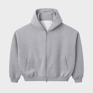 Custom Streetwear Boxy Fit Tracksuit Two Way <b>Zip</b> <b>Hooded</b> Jacket Loose Fit Straight Leg Sweatpants Grey Heavy Fleece OEM - Product Image 3