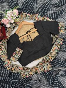 Sari en soie noire élégant avec broderie imprimée Bandhani pour mariage, style traditionnel indien pakistanais, longueur au sol, pour femmes - Product Image 6