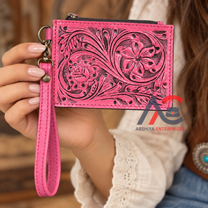 Trending Pink Tooled Floral Leather Slim Card <b>Holder</b> Wallet High Quality Genuine Leather Zipper Closure Wristlet Coin Pouch - Product Image 1