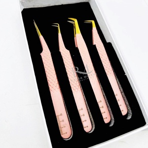 Pinzas para extensión de pestañas con punta de plasma dorada / color melocotón recubierto en polvo, 4 puntas de fibra diferentes / Empaque en caja blanca - Product Image 3