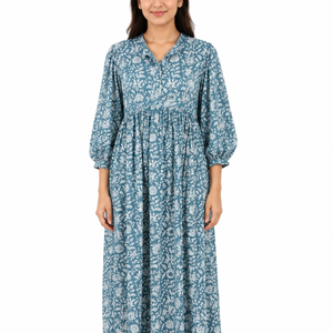 Belle robe en coton à motifs floraux, imprimée à la main, pour un usage décontracté. - Product Image 1