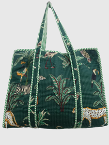 Green Tropical Print <b>Canvas</b> Tote Bag With Striped Handles Bohemian Style Open Closure Summer <b>Beach</b> Bag - Product Image 2