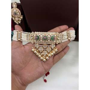 Indian Ethnic Prachi Moissanite Pearl <b>Gold</b>-Plated Bridal Choker & Earring <b>Set</b> - Product Image 3