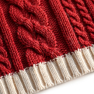 Cardigan en tricot classique rouge pour femme, personnalisé OEM, en mélange de laine, avec poches et bordure crème, col en V, manches longues - Product Image 5