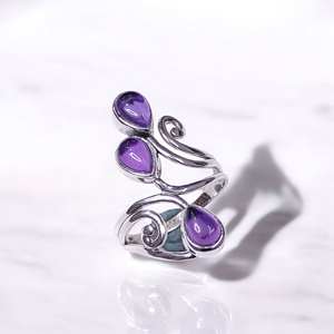 Bague en argent sterling 925 classique avec 3 pierres taillées en poire, grande et massive, en turquoise et améthyste naturelles, prix de gros, bijoux - Product Image 2