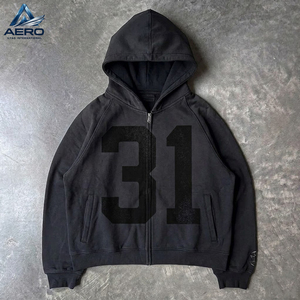 OEM ODM Service Custom <b>Mens</b> Vintage Washed Zip Up Hoodies Graphic Number Print Acid <b>Wash</b> Fleece Hooded Jacket - Product Image 4