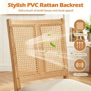 Chaises de salle à manger en bois de caoutchouc, style français, lot de 2, avec dossier en rotin tressé en PVC et assise rembourrée en tissu - Product Image 3