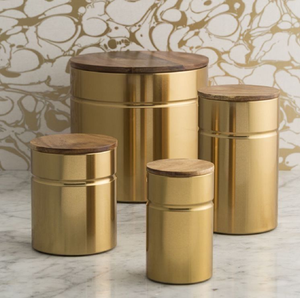 Sleek Contemporary Three-Piece Glossy Metallic Gold Food <b>Canisters</b> Premium Wood Tops Moisture-Proof Freshness Pantry - Product Image 5