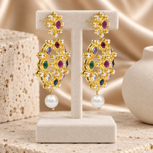 Pendientes de cadena larga chapados en oro con piedra azul aguamarina y perlas de imitación, joyería nupcial pakistaní, venta al por mayor de fábrica. - Product Image 3