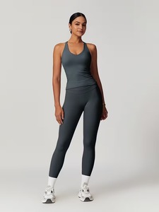 Women Solid Summer 2 Pcs Yoga Suit Strappy Back Sports Bra High Waist Leggings Seamless Gym <b>Workout</b> Matching Set - Product Image 2