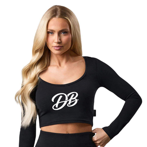 Haut court noir à manches longues pour femme, col rond, imprimé logo DB, décontracté, en maille extensible respirante, polyester, motif lettres sur le devant - Product Image 1