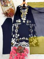 Sterling Creations Salwar Kameez de Seda Pura Totalmente Bordado con Palazzo y Dupatta con Bordado hasta la Rodilla, Listo para Usar