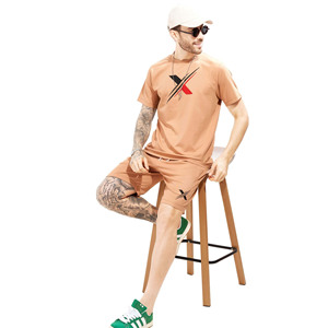 Ensemble T-shirt et short pour homme en tissu tricoté 100% coton respirant pour l'été, avec logo personnalisé imprimé par transfert thermique, taille plus - Product Image 4