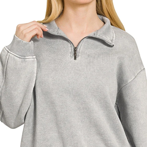 Sudadera de punto gris para mujer con media cremallera, cuello simulado, ajuste regular, mezcla de algodón sólido, transpirable, informal, para otoño - Product Image 3