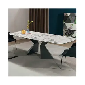 Factory Wholesale Prora Extendable Dining Room Table Furniture Set Ceramic Rectangular with X Bent Metal Legs