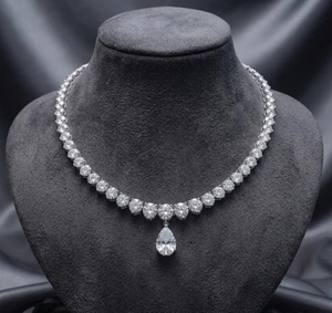 Luxury Women's 925 <b>Silver</b> Moissanite Pendant Necklace Round Brilliant Cut Beaded <b>Chain</b> Water Drop Design Wedding Jewelry - Product Image 2