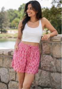 High Quality Pink Floral <b>Women</b> Cotton <b>Shorts</b> Soft Elastic Drawstring Casual Beach Plus Size Lightweight Summer Loungewear - Product Image 3