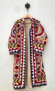 Blouson long en coton floral à col montant tricoté pour femme, style bohème, ouvert sur le devant, pour l'été, provenant du Rajasthan - Product Image 2