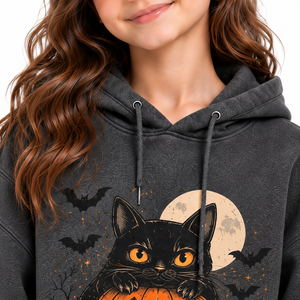 Sweat-shirt d'hiver personnalisé pour filles et enfants, motif chat noir, lune, chauve-souris, dessin animé, option logo personnalisé, en polaire - Product Image 2