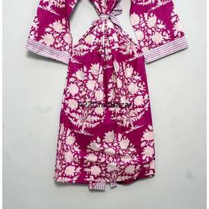 Robe kimono à col en V, 100% coton écologique, lavable, à cordon de serrage, imprimé floral, manches trois-quarts, séchage rapide - Product Image 6