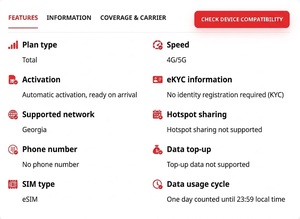Georgia eSIM 30 วัน 3GB/5GB/10GB 4G/5G ดาต้าความเร็วสูงสำหรับการเดินทาง พร้อมการเปิดใช้งานคิวอาร์โค้ดทันที - Product Image 2