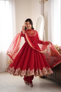 Crush Silk Sequence Embroidery Anarkali <b>Top</b> Suit Set With Stitched Micro Cotton Pant And <b>Net</b> Lace Border For Women HI 1723 - Product Image 2