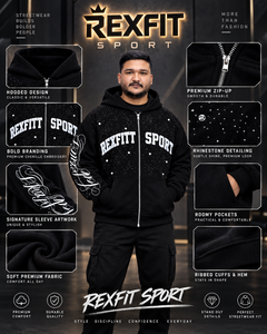 Men's Black <b>Full</b> <b>Zip</b> <b>Hoodie</b> Sparkle Detail Sleeve Script Heavyweight Fleece Oversized Breathable Winter Streetwear Jacket Custom - Product Image 3