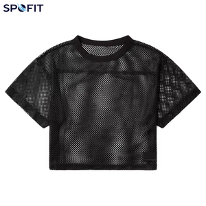 Men's <b>Black</b> Mesh <b>Crop</b> <b>Top</b> <b>Short</b> <b>Sleeve</b> Crew Neck Breathable Loose Fit Summer American Football Jersey Shirt - Product Image 1