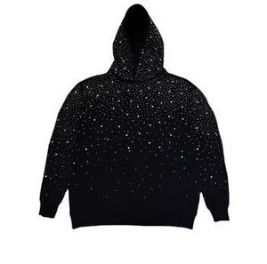 Sweat à capuche noir pour homme, style streetwear, délavé à l'acide, effet soleil, coupe oversize, imprimé strass sur toute la surface, pull à capuche pour homme - Product Image 3